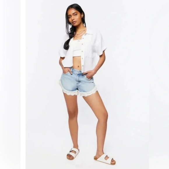 Forever21 - Lace-Trim Denim Shorts - Picture 2 of 6